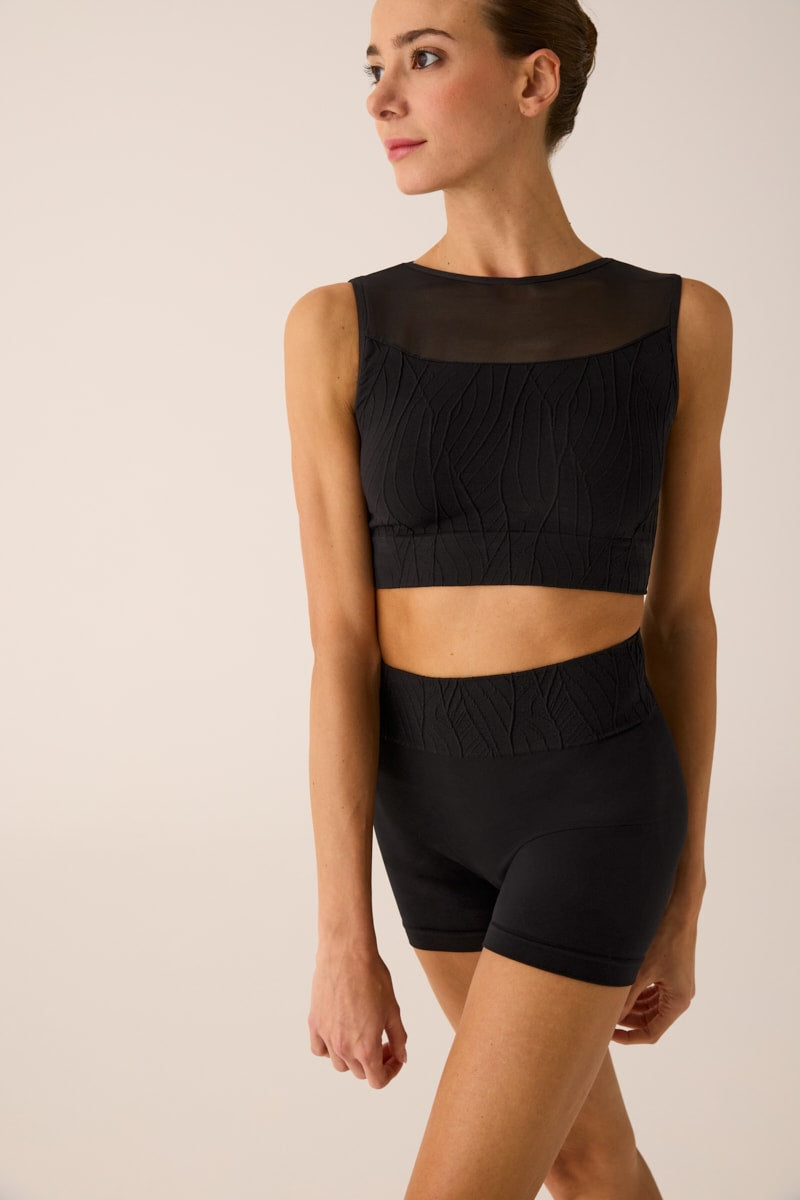 239 - SEAMLESS CROP TOP WITH TULLE INSERT AND RELIEF PATTERN
