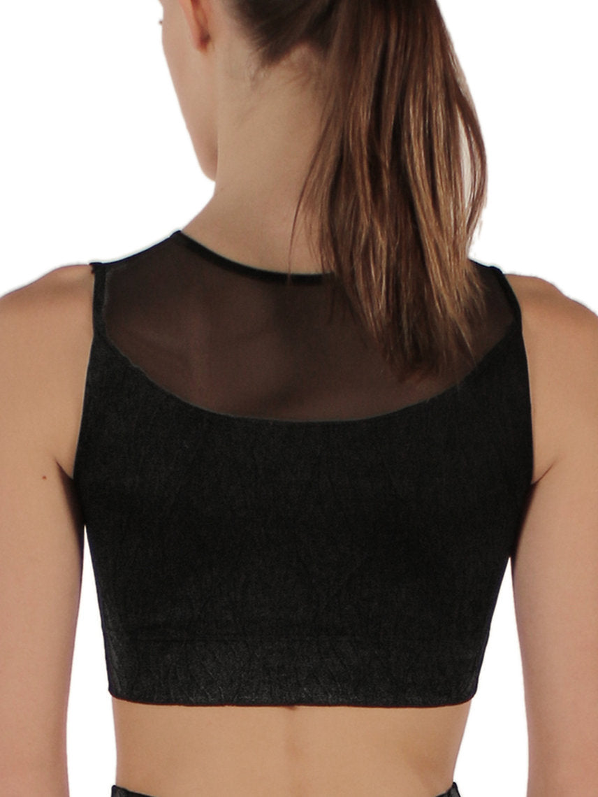 239 - CROP TOP SEAMLESS CON INSERTO TULLE E MOTIVO A RILIEVO