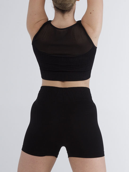 239 - CROP TOP SEAMLESS CON INSERTO TULLE E MOTIVO A RILIEVO