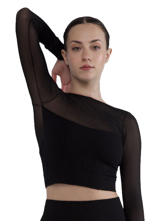 237 - CROP TOP SEAMLESS A RILIEVO CON MANICA IN TULLE