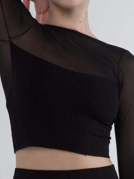 237 - CROP TOP SEAMLESS A RILIEVO CON MANICA IN TULLE